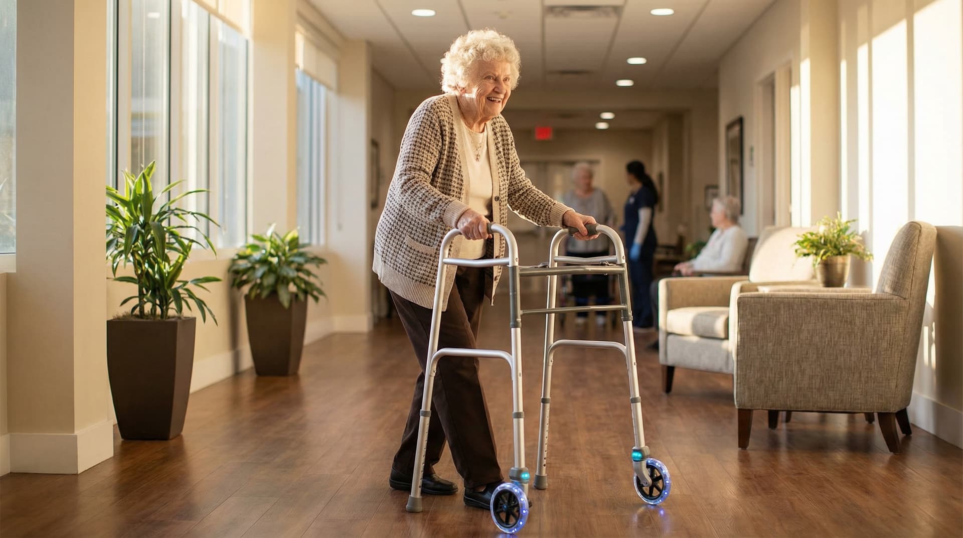 A walker fitted with the OmniWheel system in use