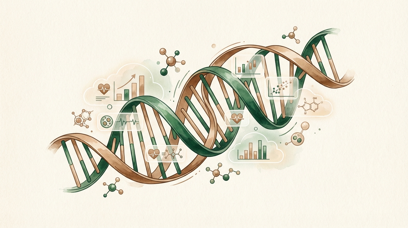 DNA double helix with biomarker data visualizations and health metrics in bronze and emerald tones