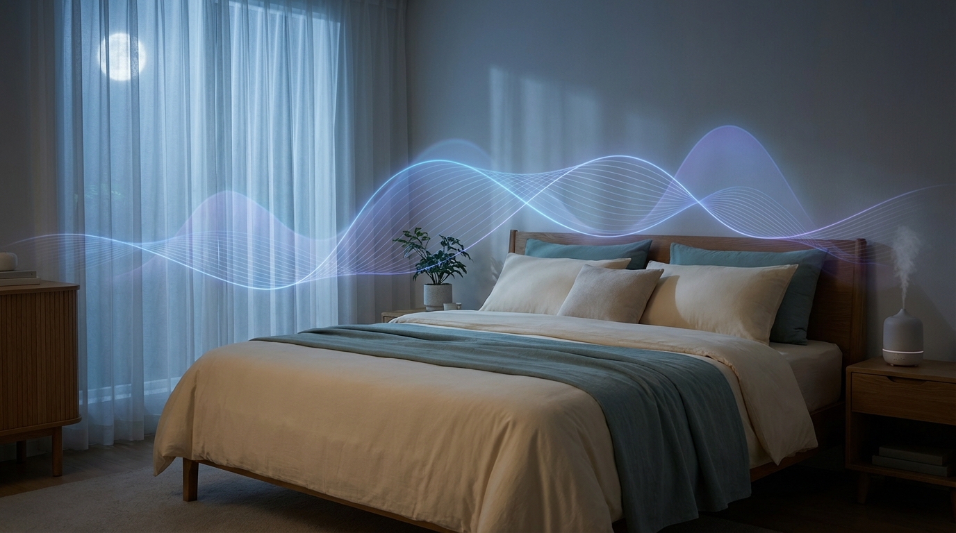 Peaceful bedroom at night with circadian rhythm wave visualization in soft blue tones